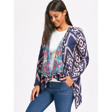 Retro tyle Collarless Long leeve Loose-Fitting Ethnic Print Women's Cardigan - Purplish Blue
