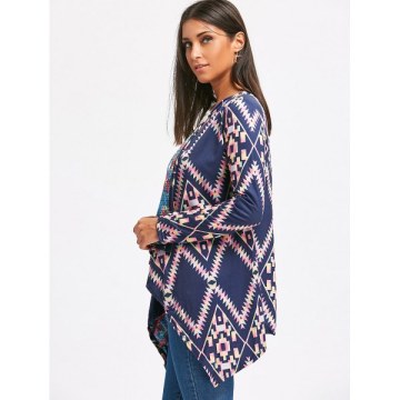 Retro tyle Collarless Long leeve Loose-Fitting Ethnic Print Women's Cardigan - Purplish Blue