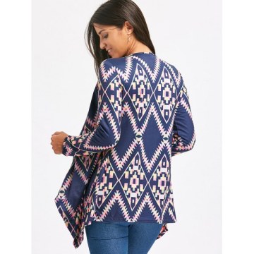 Retro tyle Collarless Long leeve Loose-Fitting Ethnic Print Women's Cardigan - Purplish Blue