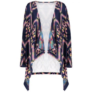 Retro tyle Collarless Long leeve Loose-Fitting Ethnic Print Women's Cardigan - Purplish Blue