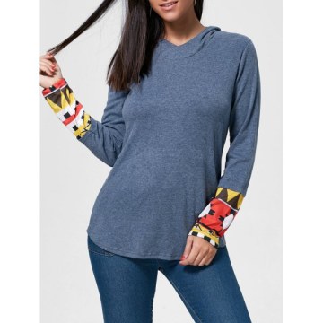 Retro Style Cowl Neck Printed Long Sleeve T-Shirt For Women - Blue