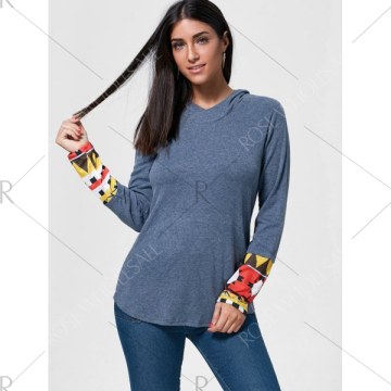 Retro Style Cowl Neck Printed Long Sleeve T-Shirt For Women - Blue