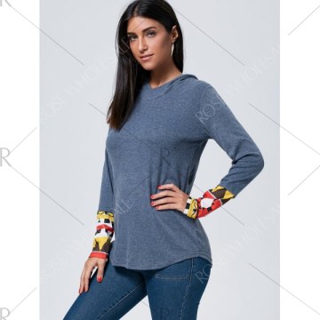 Retro Style Cowl Neck Printed Long Sleeve T-Shirt For Women - Blue