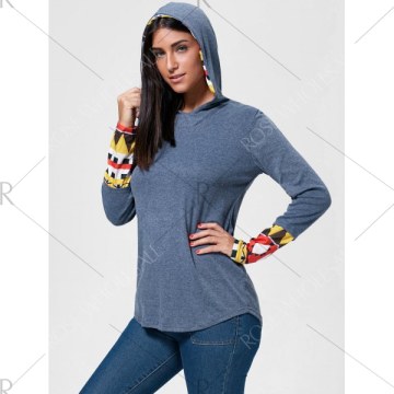 Retro Style Cowl Neck Printed Long Sleeve T-Shirt For Women - Blue