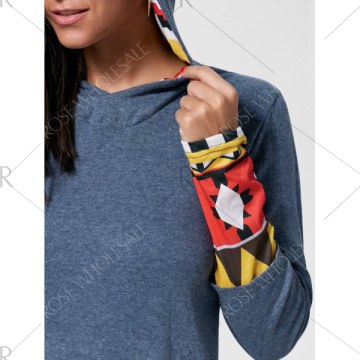 Retro Style Cowl Neck Printed Long Sleeve T-Shirt For Women - Blue