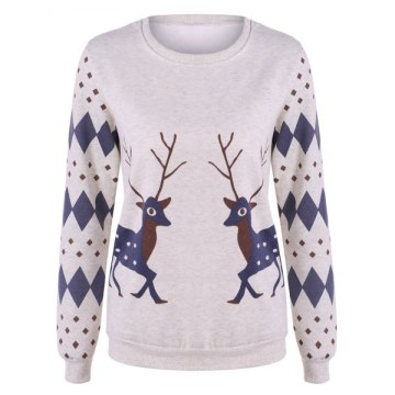 Rhombus and Deer Print Flocking Sweatshirt - Gray