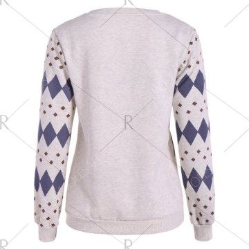 Rhombus and Deer Print Flocking Sweatshirt - Gray