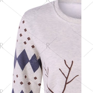 Rhombus and Deer Print Flocking Sweatshirt - Gray