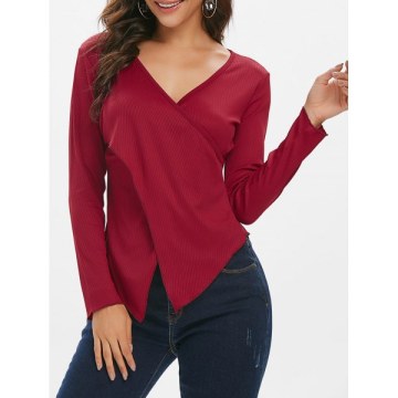 Ribbed Cross Long leeve urplice Top - Red Wine