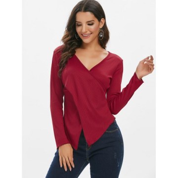 Ribbed Cross Long leeve urplice Top - Red Wine