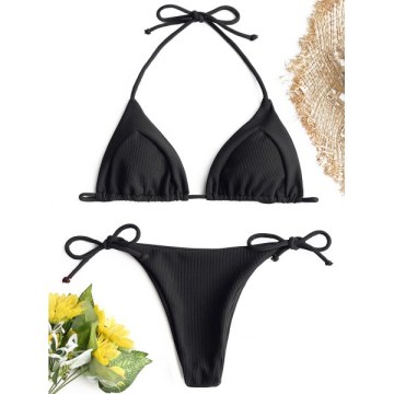 Ribbed Halter tring Bikini et - Black