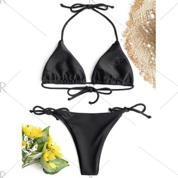 Ribbed Halter tring Bikini et - Black