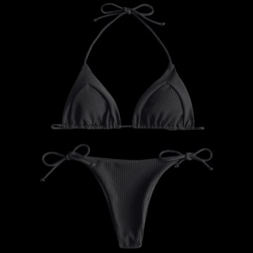 Ribbed Halter tring Bikini et - Black