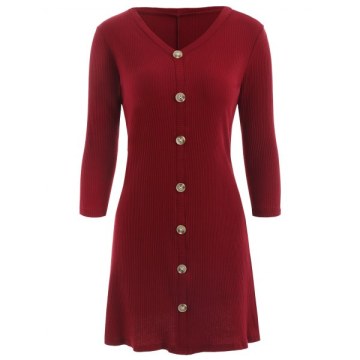 Ribbed Knitted Dress with Buttons - Red Wine
