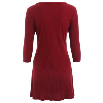 Ribbed Knitted Dress with Buttons - Red Wine
