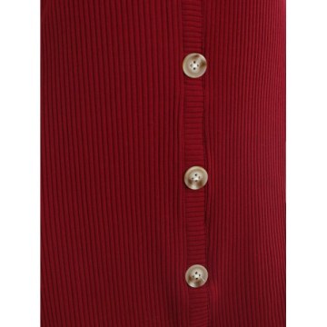Ribbed Knitted Dress with Buttons - Red Wine