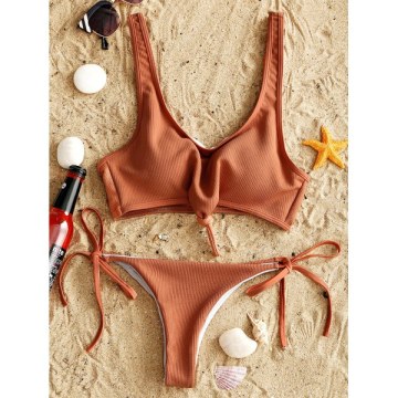 Ribbed Knot Bikini Set - Light Coffee