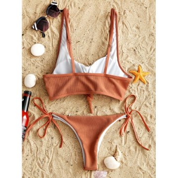 Ribbed Knot Bikini Set - Light Coffee