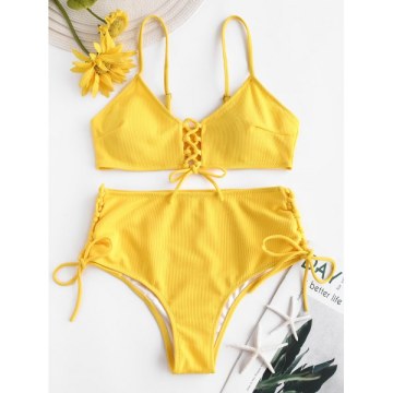 Ribbed ace-up High Rise Bikini Swimsuit - Yellow