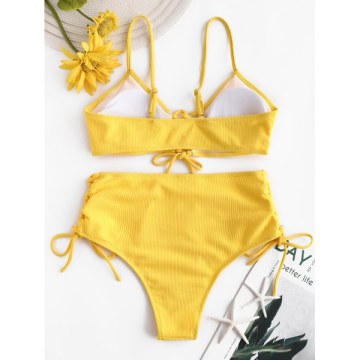 Ribbed ace-up High Rise Bikini Swimsuit - Yellow