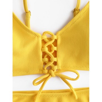 Ribbed ace-up High Rise Bikini Swimsuit - Yellow