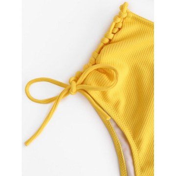 Ribbed ace-up High Rise Bikini Swimsuit - Yellow