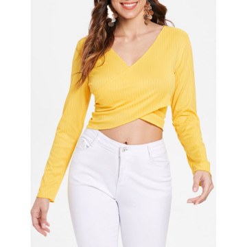 Ribbed Long Sleeve Cross Front Top - Goldenrod