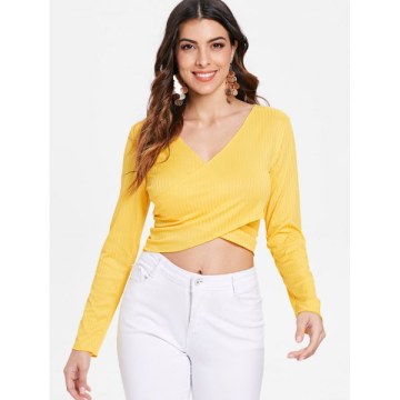 Ribbed Long Sleeve Cross Front Top - Goldenrod