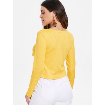 Ribbed Long Sleeve Cross Front Top - Goldenrod