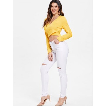 Ribbed Long Sleeve Cross Front Top - Goldenrod