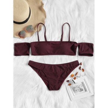 Ribbed Off-the-Shoulder Bikini - Burgundy