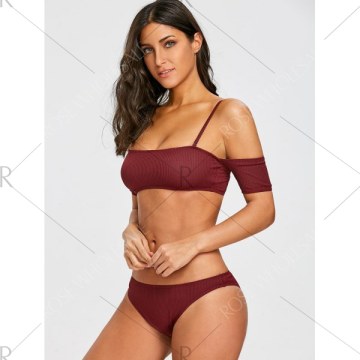 Ribbed Off-the-Shoulder Bikini - Burgundy