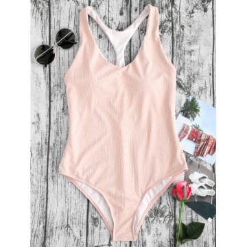Ribbed Racerback One Piece Thong Swimsuit - Nude Pink