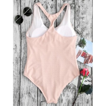Ribbed Racerback One Piece Thong Swimsuit - Nude Pink
