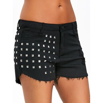 Rivet Embellished Frayed Denim horts - Black