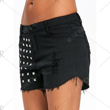 Rivet Embellished Frayed Denim horts - Black