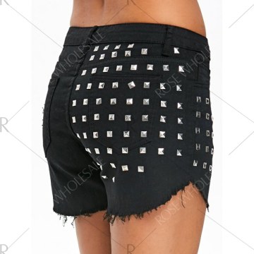 Rivet Embellished Frayed Denim horts - Black