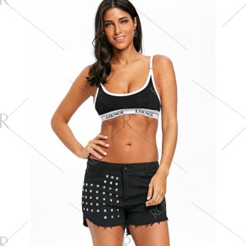 Rivet Embellished Frayed Denim horts - Black