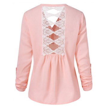 Roll Tab Sleeve Lace Embellished Blouse - Light Pink