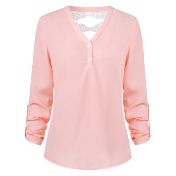 Roll Tab Sleeve Lace Embellished Blouse - Light Pink