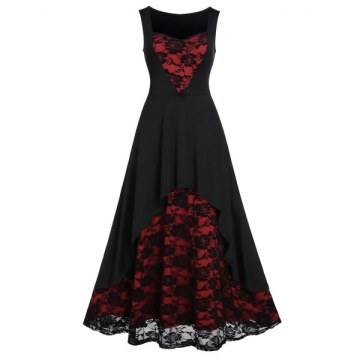 Rose Lace Insert High Low Party Dress - Black