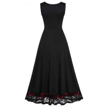 Rose Lace Insert High Low Party Dress - Black
