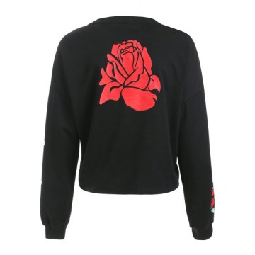 Rose Print Long Sleeve Sweatshirt - Black
