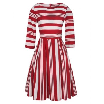 Round Neck 3/4 leeve tripe Hight Waist Dress - Red