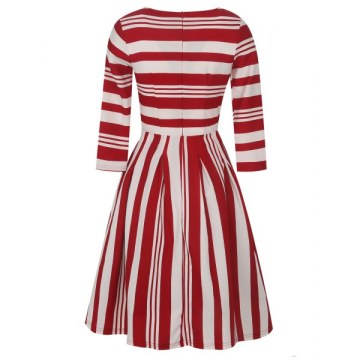 Round Neck 3/4 leeve tripe Hight Waist Dress - Red