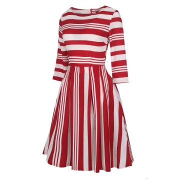 Round Neck 3/4 leeve tripe Hight Waist Dress - Red