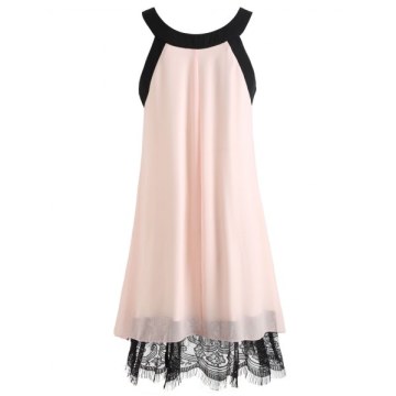 Round Neck ummer Chiffon Dress - Pink Bubblegum