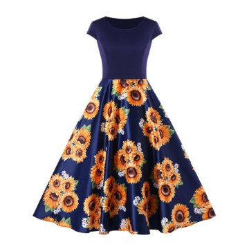 Round Neck Sunflower Print A Line Dress - Deep Blue