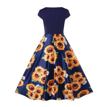 Round Neck Sunflower Print A Line Dress - Deep Blue