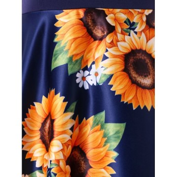 Round Neck Sunflower Print A Line Dress - Deep Blue